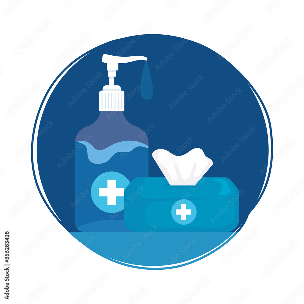Hands sanitizer bottle and tissues box design, Disinfects clean antibacterial and hygiene theme Vector illustration Hands sanitizer bottle and tissues box design, Disinfects clean antibacterial and hygiene theme Vector illustration