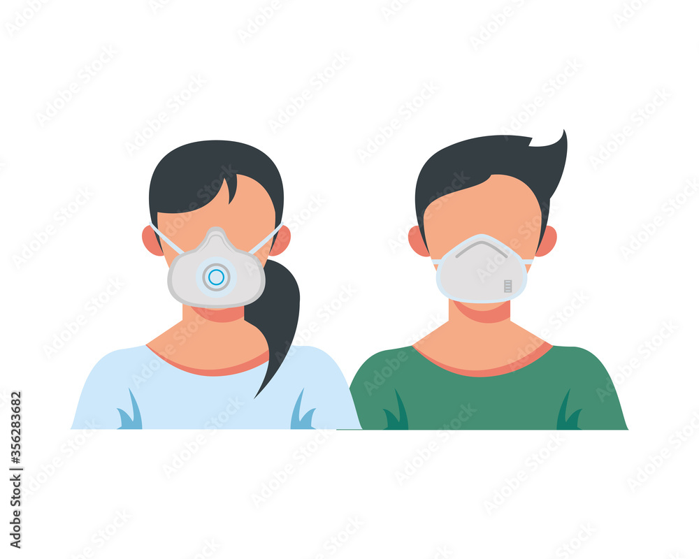 young couple wearing medical masks characters young couple wearing medical masks characters
