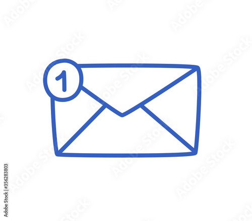One new incoming message envelope with notification, vector object. Vector hand-drawn illustration.
