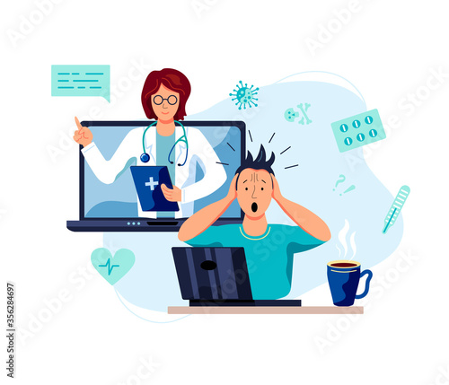 Tele medicine, online doctor and medical consultation concept. Female doctor helps a patient on a laptop. Flat cartoon style vector illustration.