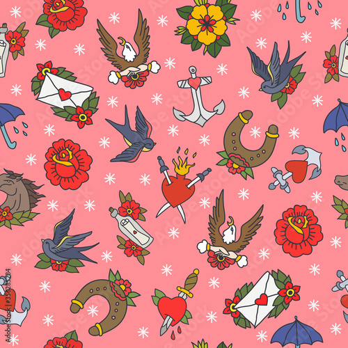 traditional tattoo flash seamless doodle pattern, vector illustration