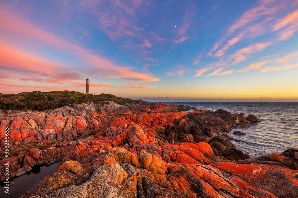 Beautiful spring sunrise over Eddystone Point Lighthouse.Mount William National Park. Part of Bay of Fires Conservation Area.North Eastern Tasmania,Australia.
