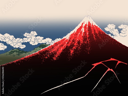 Photography Red volcanic Fuji mountain on daytime with forest and cloudy sky