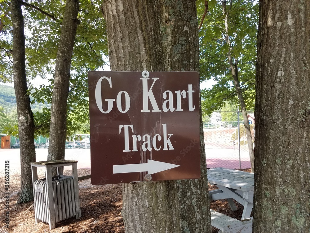 brown go kart track sign on a tree