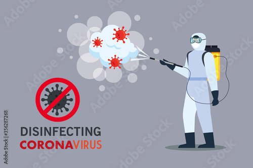 Man with protective suit spraying covid 19 virus design, Disinfects clean antibacterial and hygiene theme Vector illustration