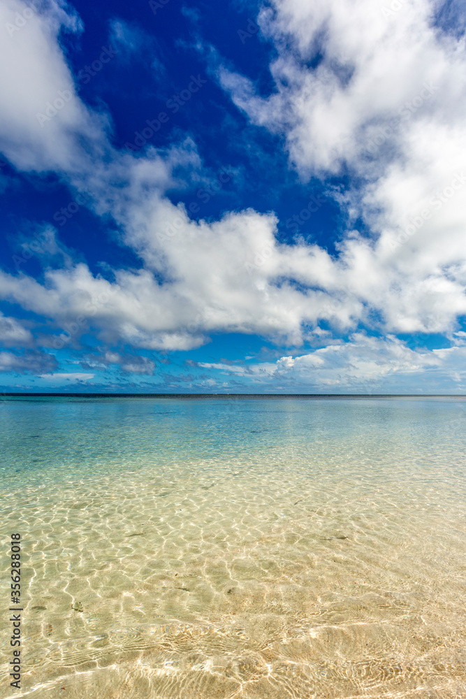 Blue sky and white clouds reflected in clear ocean
