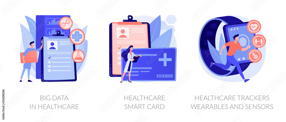 Hospital database, clinic patients records server. Big data in healthcare, healthcare smart card, healthcare trackers wearables and sensors metaphors. Vector isolated concept metaphor illustrations