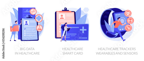 Hospital database, clinic patients records server. Big data in healthcare, healthcare smart card, healthcare trackers wearables and sensors metaphors. Vector isolated concept metaphor illustrations