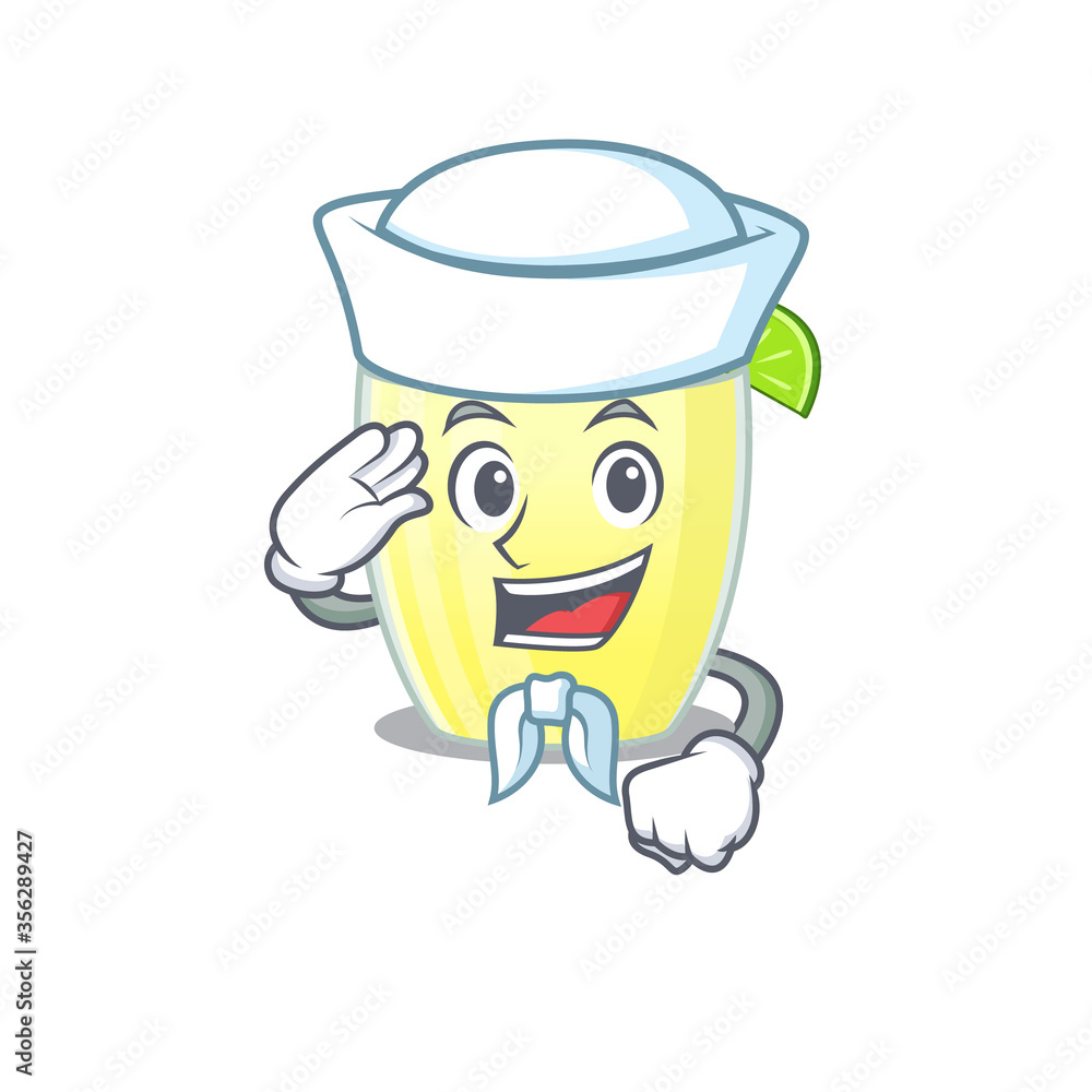 Smiley sailor cartoon character of daiquiri cocktail wearing white hat and tie