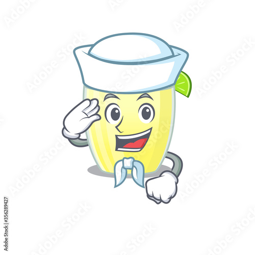 Smiley sailor cartoon character of daiquiri cocktail wearing white hat and tie