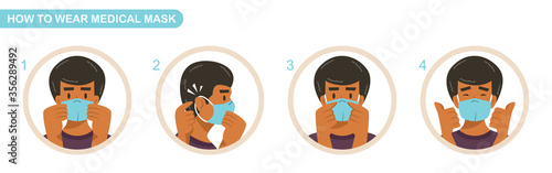 How to wear medical mask instructions. COVID-19 pandemic with surgical mask. Man wear protective mask against infectious diseases. Scalable and editable vector illustration.