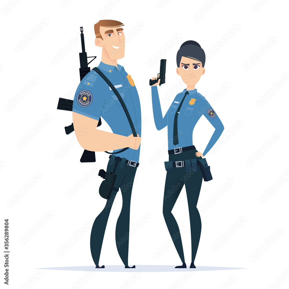 Police officer couple in the uniform standing. Police characters. Public safety officers. Guardians of law and order Police officer couple in the uniform standing. Police characters. Public safety officers. Guardians of law and order