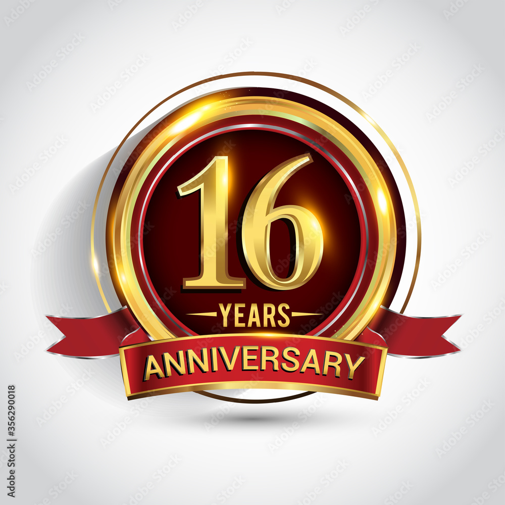 16th golden anniversary logo with ring and red ribbon isolated on white background 16th golden anniversary logo with ring and red ribbon isolated on white background