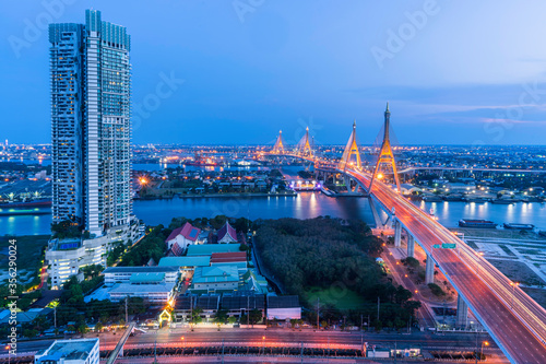Cityscape view of Bangkok modern office with sunset sky