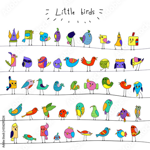 Cartoon colorful flock of funny little birds sitting on wires. Big birds set. Funny characters. Color illustration.