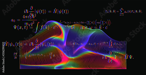 Blackboard with calculations: Schrodinger equation and other quantum mechanics formulas. Concept of education and complex systems.