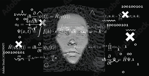 Artificial Intelligence and Quantum computing concept. Blackboard with formulas and calculations, Schrodinger equation.