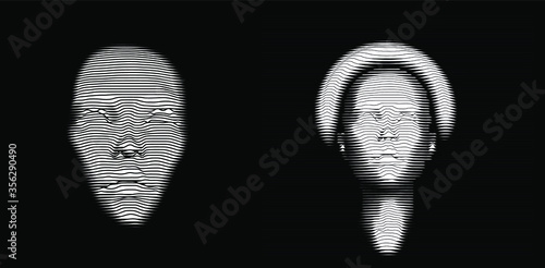 Artificial Intelligence concept. 3D model of human face made of lines, Op art surreal style.
