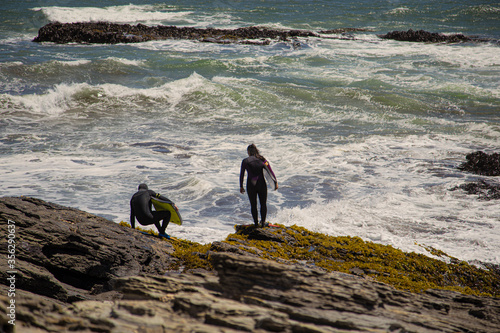 surfers entering the sea from the rocks