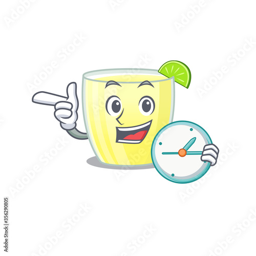mascot design style of daiquiri cocktail standing with holding a clock