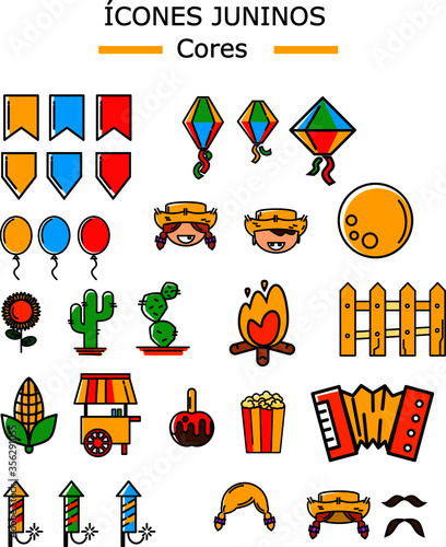 ícones de festas juninas, balão, bandeirinhas, São João, cactos, sanfona, fogos. Coloridos. Collection of icons, June parties.Balloon, flags, red neck, cactuses, accordion, fireworks. Colored.