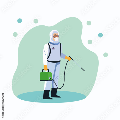 biosafety worker with sprayer disinfectant for covid19 prevention