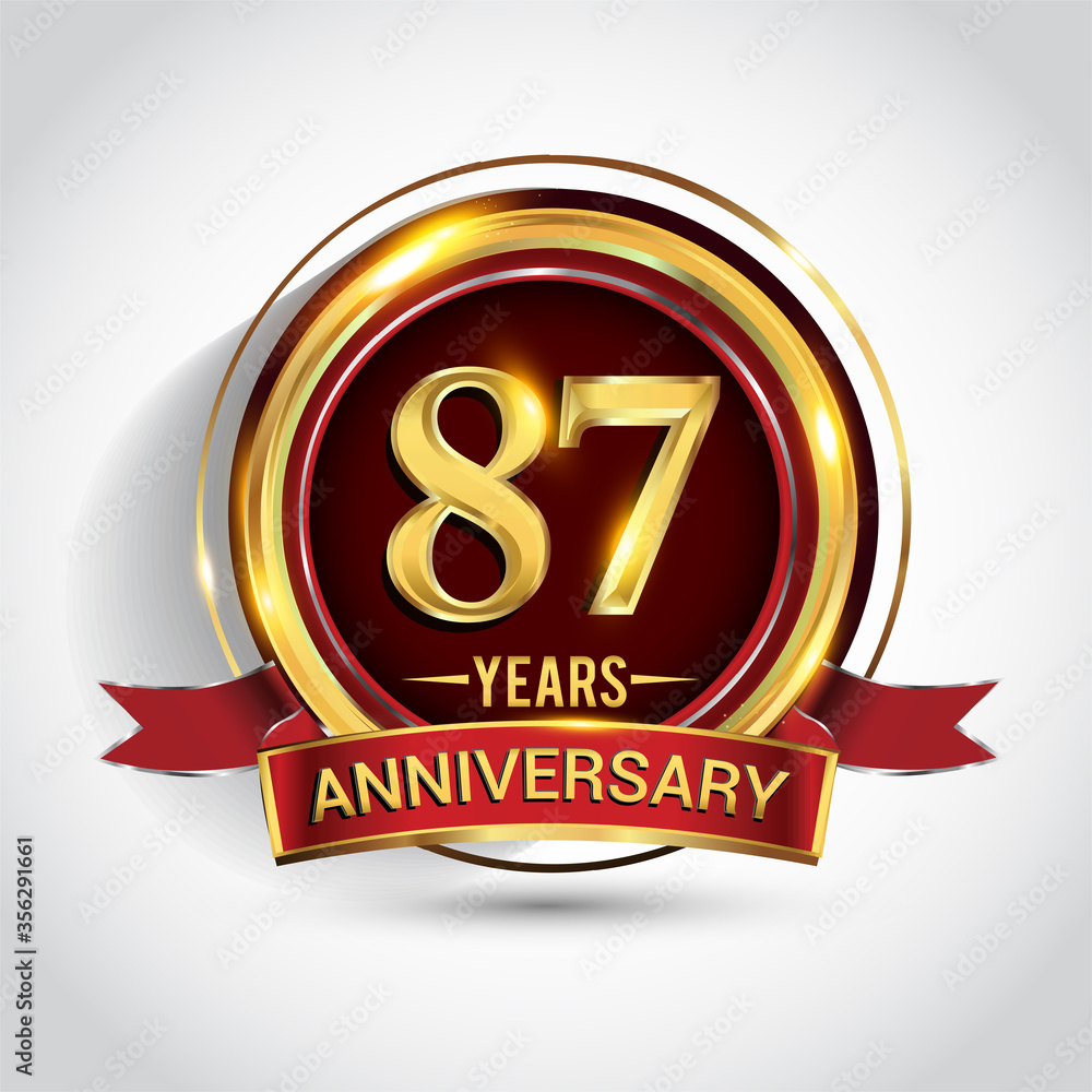 87th golden anniversary logo with ring and red ribbon isolated on white background 87th golden anniversary logo with ring and red ribbon isolated on white background