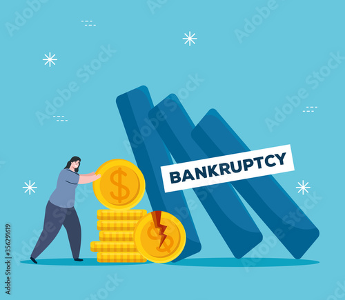 woman with broken coins design of bankruptcy and covid 19 virus theme Vector illustration