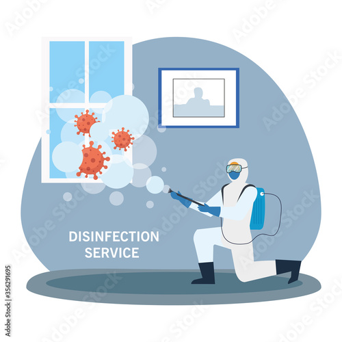 Man with protective suit spraying home window with covid 19 virus design, Disinfects clean and antibacterial theme Vector illustration