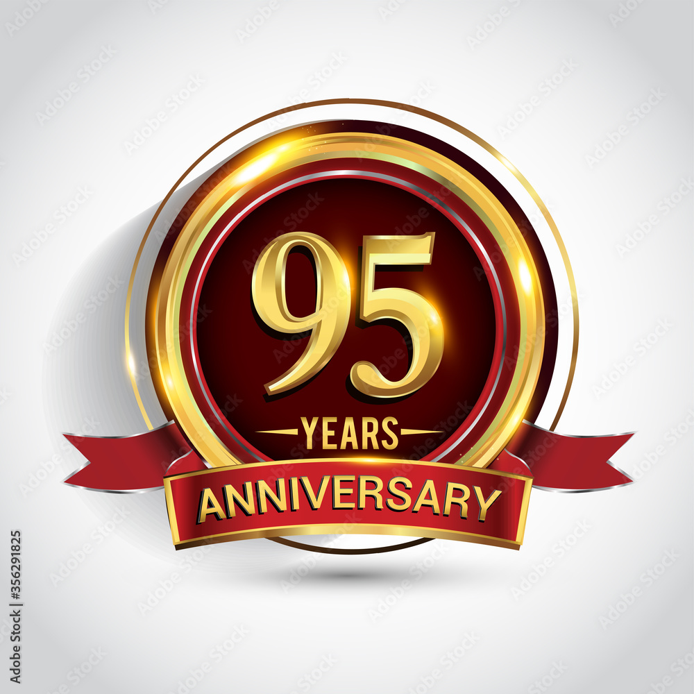 95th golden anniversary logo with ring and red ribbon isolated on white background 95th golden anniversary logo with ring and red ribbon isolated on white background