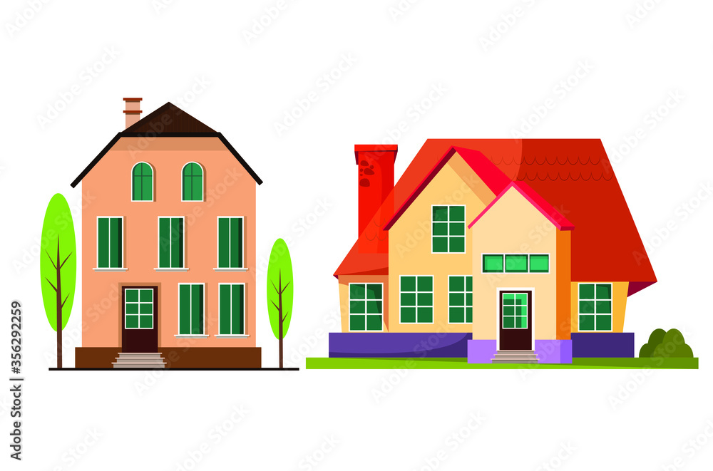 House building vector icons. Village home, cottage and villa, architecture, and real estate industry. The exterior of buildings with windows, roofs, doors, and garages Vector flat illustration.