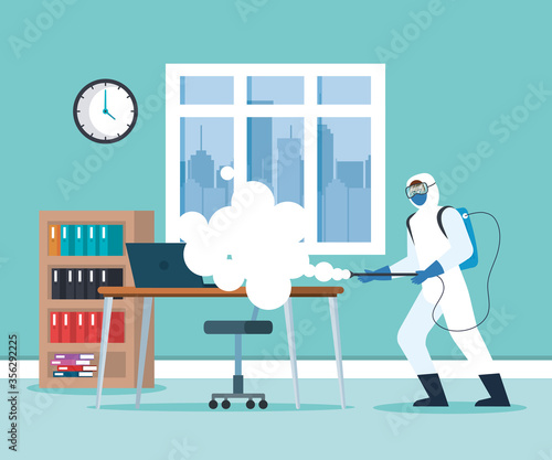 Man with protective suit spraying office design, Disinfects clean antibacterial and hygiene theme Vector illustration