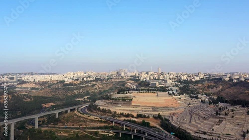 Jerusalem Main Entrance Aerial Panorama
Highway 1, Givat Shaul Cemetery Mountain and Chords Bridge in the distance, Israel
 photo