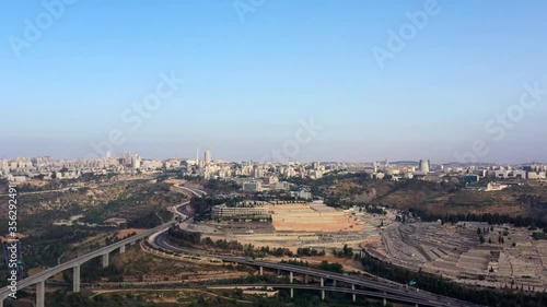 Jerusalem Main Entrance Aerial Panorama
Highway 1, Givat Shaul Cemetery Mountain and Chords Bridge in the distance, Israel
 photo