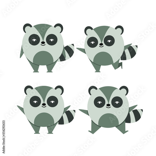 Cute Little Raccoon character vector illustration for kids set in modern  flat style