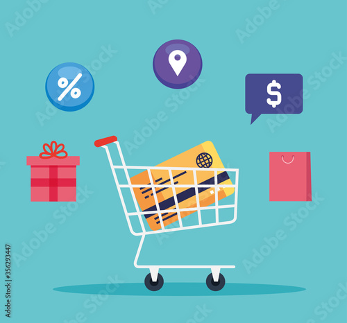 credit card inside cart and icon set design of Shopping online ecommerce market retail and buy theme Vector illustration