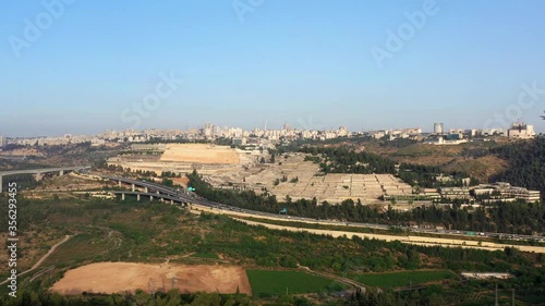 Jerusalem Main Entrance Aerial Panorama
Highway 1, Givat Shaul Cemetery Mountain and Chords Bridge in the distance, Israel
 photo