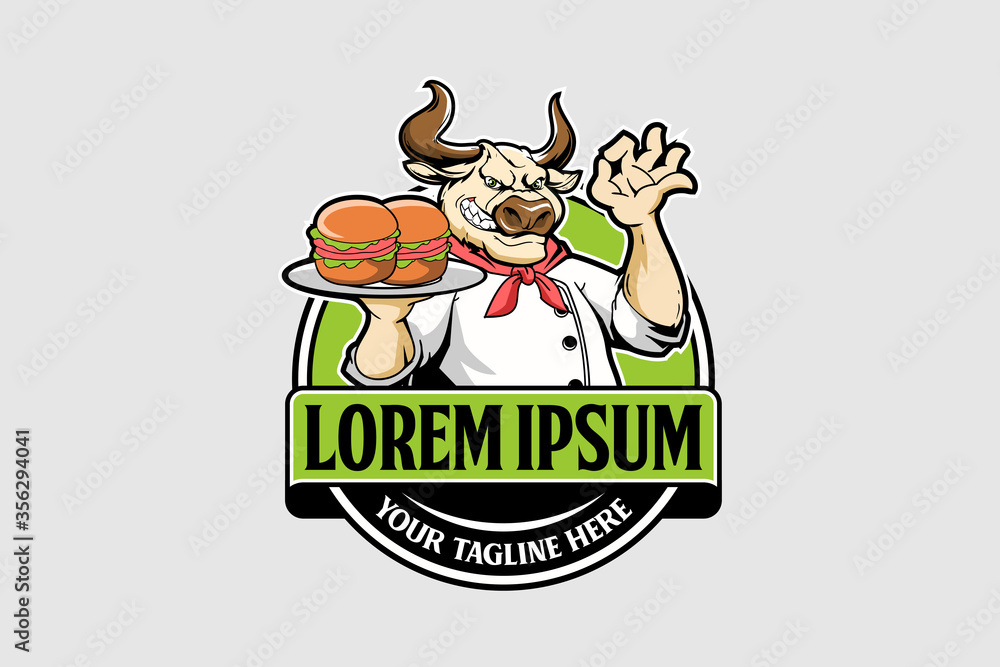 chef bull cartoon character with burger food logo chef bull cartoon character with burger food logo
