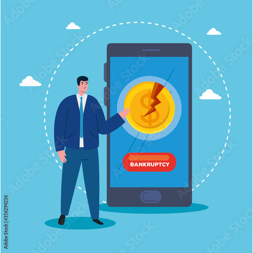 businessman with broken coin on smartphone design of bankruptcy and covid 19 virus theme Vector illustration
