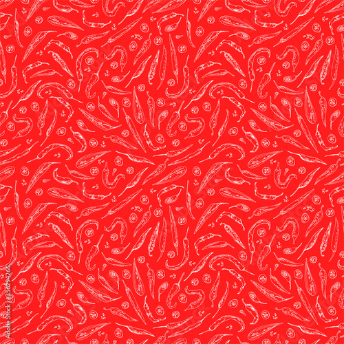 Hand drawn sketch style red Chili peppers seamless pattern. Ripe and sliced peppers. Color illustration.