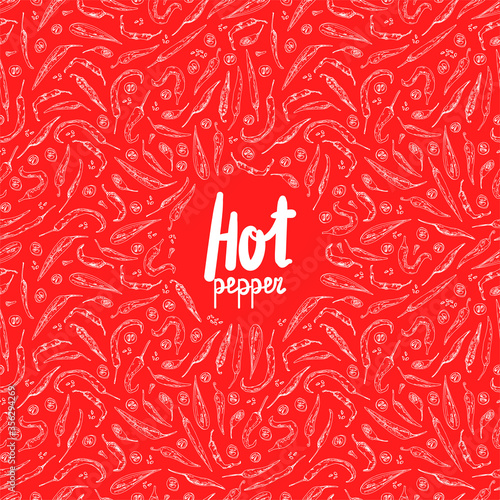 Hand drawn sketch style red Chili peppers label. Ripe and sliced peppers. Color illustration.