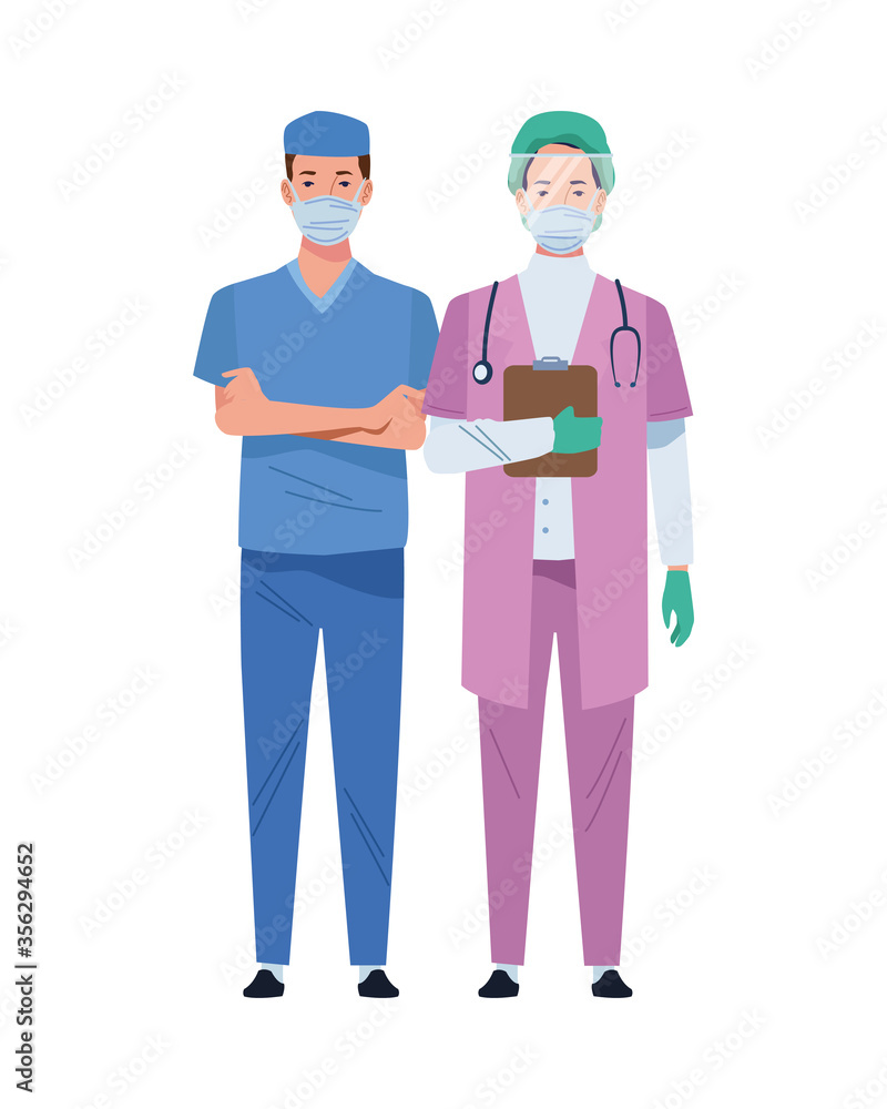 couple surgeons wearing medical masks characters