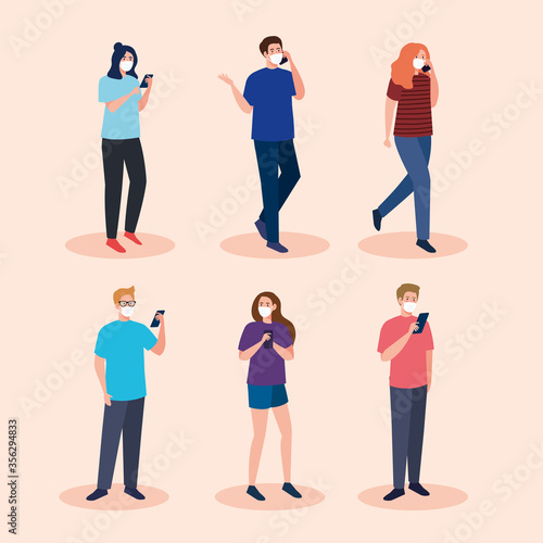 group people wearing medical mask against covid 19 using smartphone, social media coronavirus concept vector illustration design