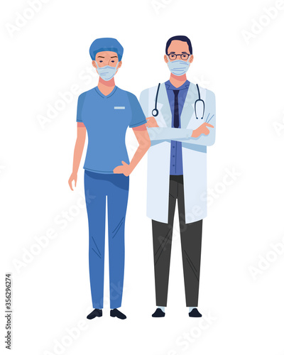 couple doctor and surgeon wearing medical masks characters