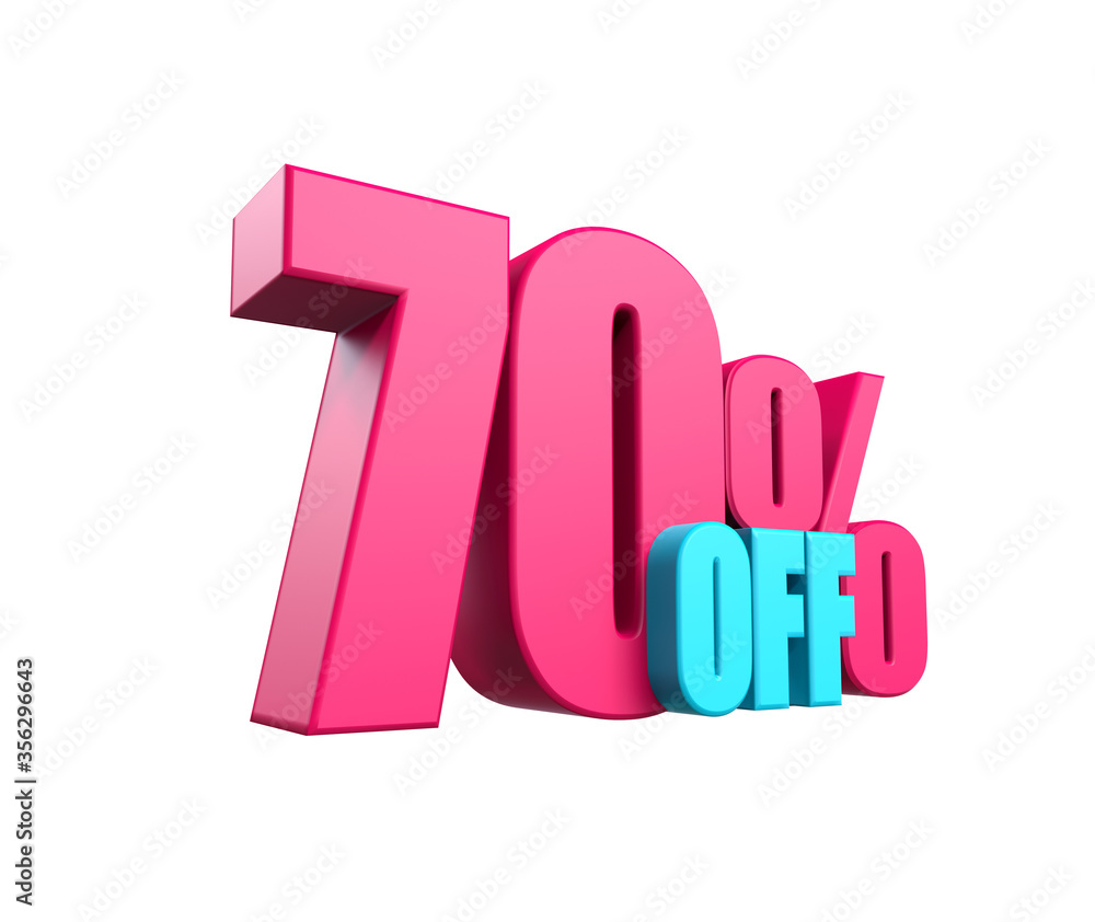 Bright pink, voluminous 3D inscription: 70% OFF, isolated on white background. Element for design discounts, design, sales, web. 3d render Bright pink, voluminous 3D inscription: 70% OFF, isolated on white background. Element for design discounts, design, sales, web. 3d render