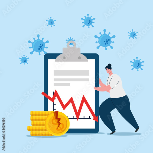 woman with document decrease arrow and broken coins design of bankruptcy and covid 19 virus theme Vector illustration