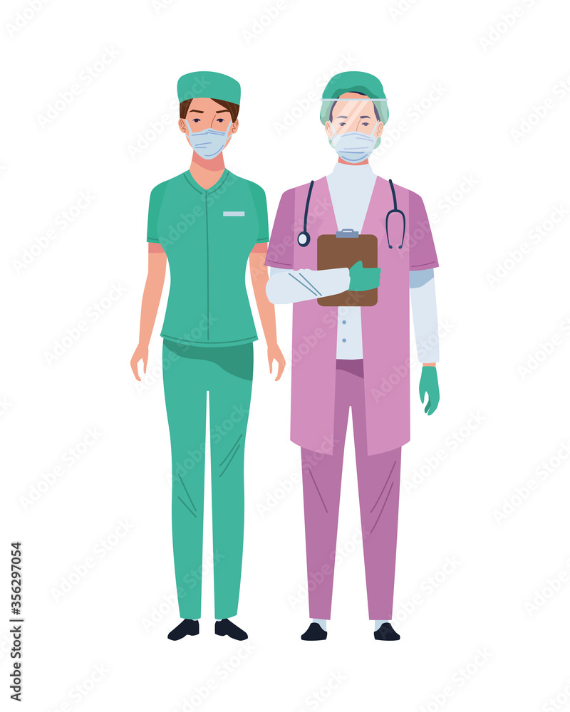couple surgeons wearing medical masks characters