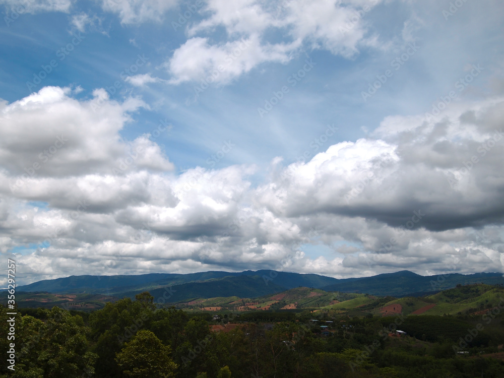 Blue sky with beautiful natural white clouds. High mountain scenery.