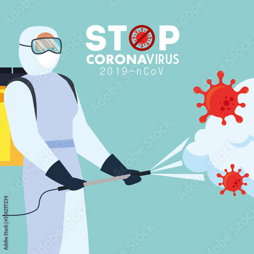 Man with protective suit spraying covid 19 virus design, Disinfects clean antibacterial and hygiene theme Vector illustration