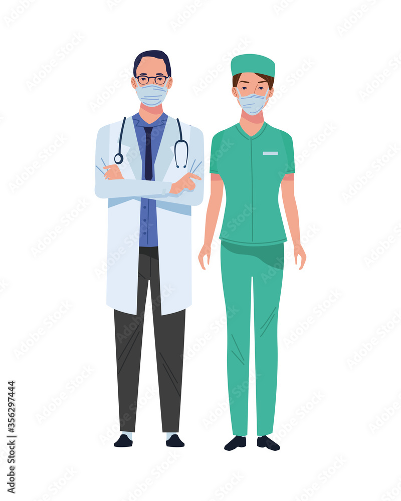 couple doctor and surgeon wearing medical masks characters